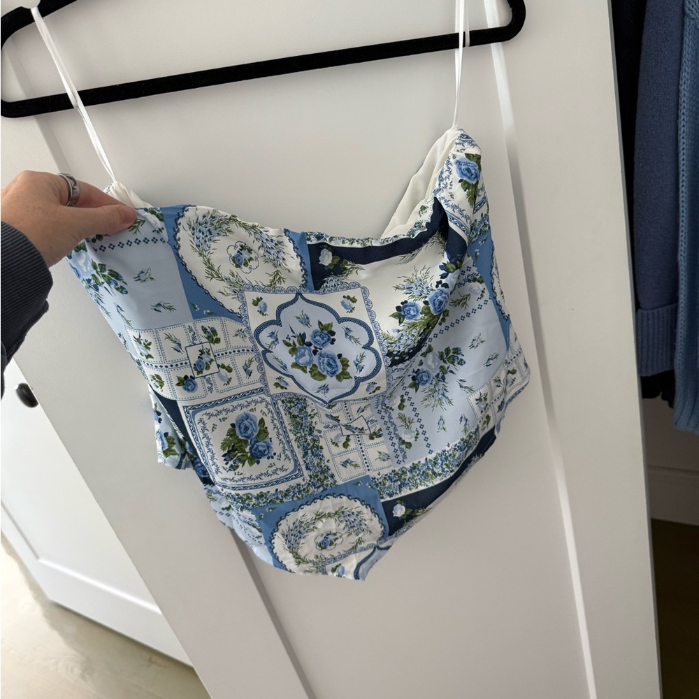 Abercrombie & Fitch Floral Blue and White Scarf Strapless Top